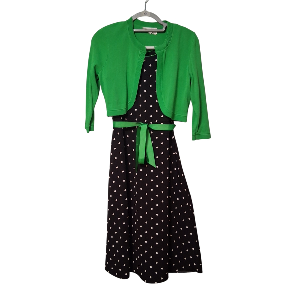 2 Piece Studio I Black Polka Dot Midi Dress with Green Ribbon  Cropped Cardigan